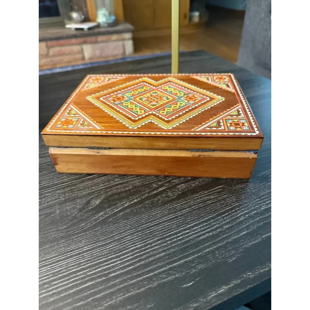 Vintage Ukrainian Hutsul Hand Carved Wooden Jewelry Trinket Box Folk Art